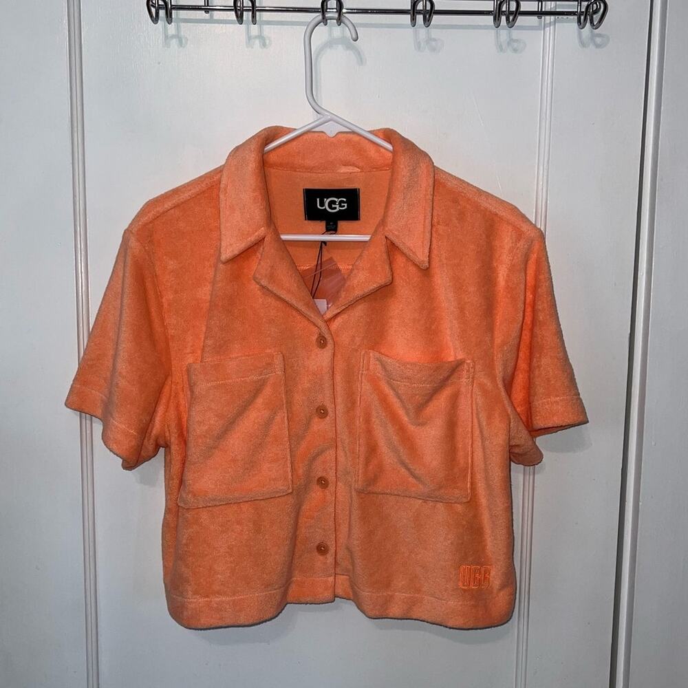 New UGG Saniyah SS Button Down Terry Short Sleeve Shirt Orange size M